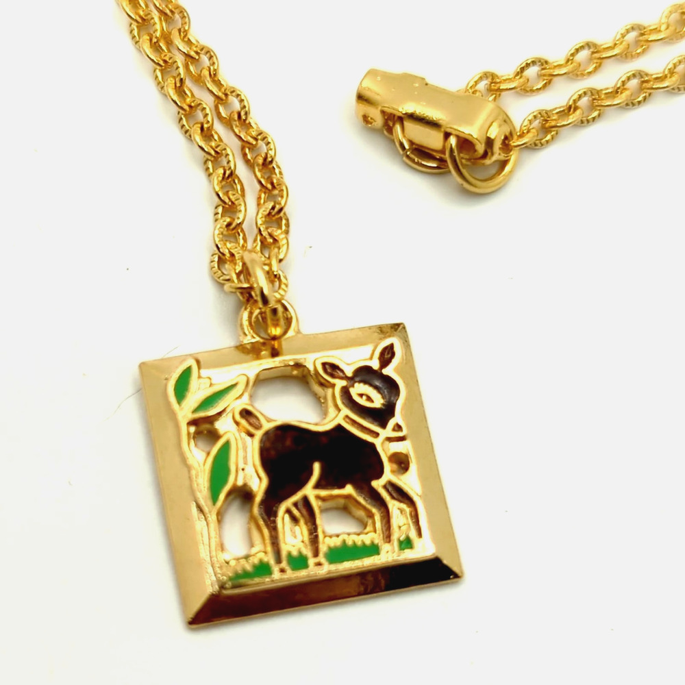 Emmons Little Deer Pendant Necklace Gold tone Signed 1961 Vintage